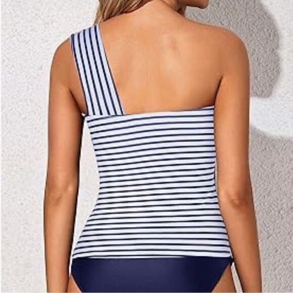 NWT Tempt Me Women’s One Shoulder Navy And White Stripe Tankini, Size XS - Picture 3 of 11